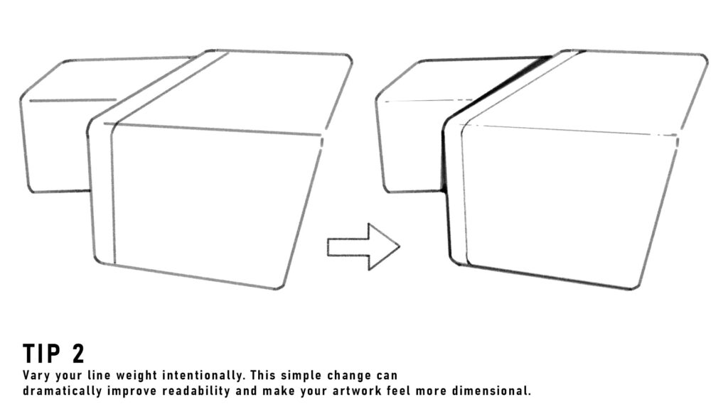 Clean sci-fi industrial line art demonstrating line weight, consistent line weight, and precise mechanical details.
