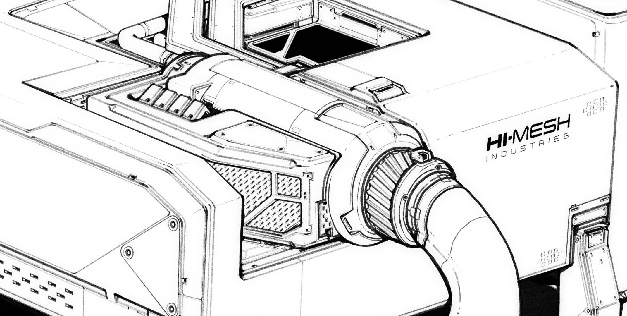 Clean sci-fi line art with consistent line weight, confident strokes, and precise mechanical details demonstrating professional line drawing techniques.