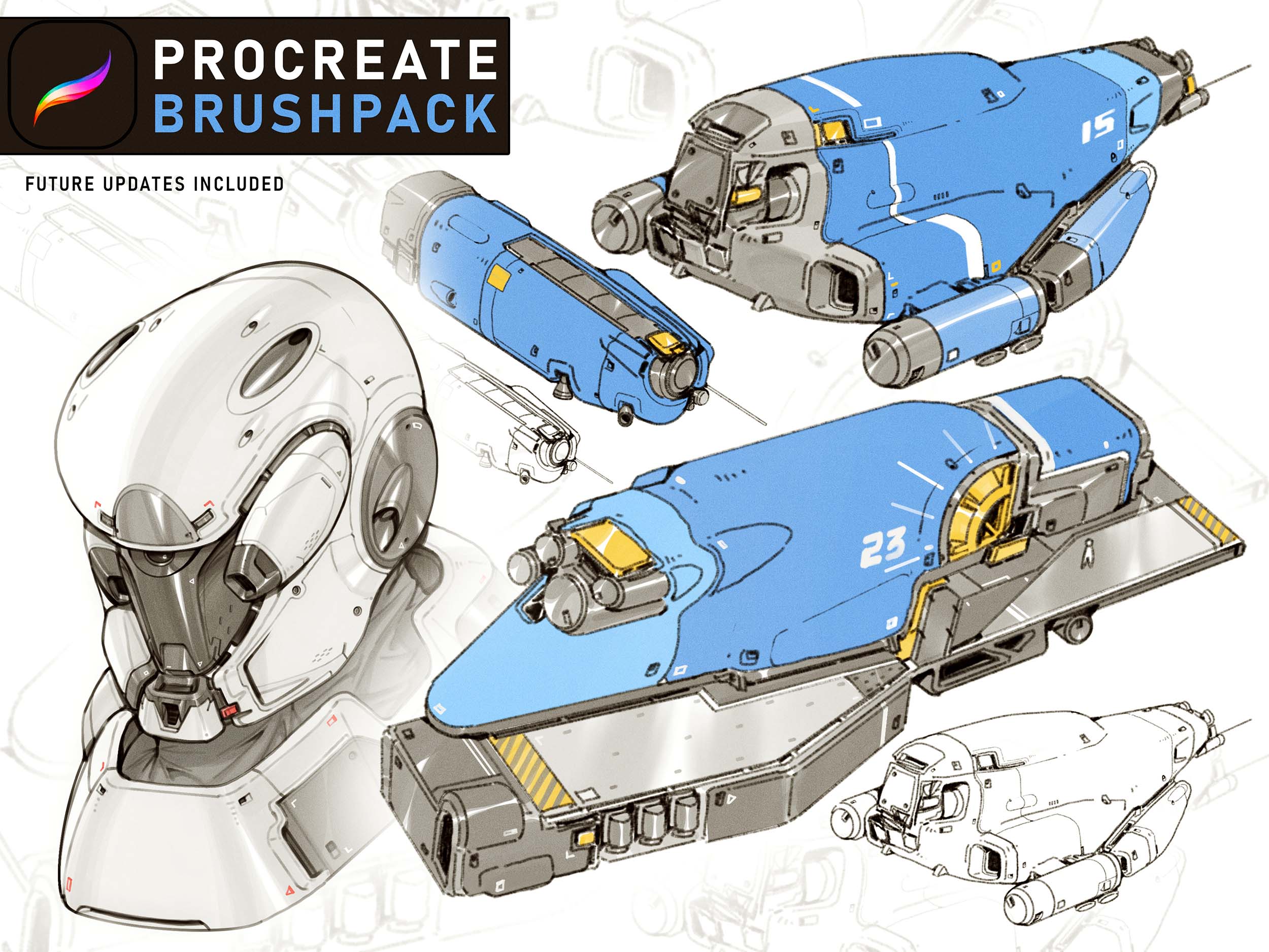 Premium Procreate scifi brushpack which works great for clean lineart, drawing and designing sci-fi objects, hardsurface, prop designs, environments etc.